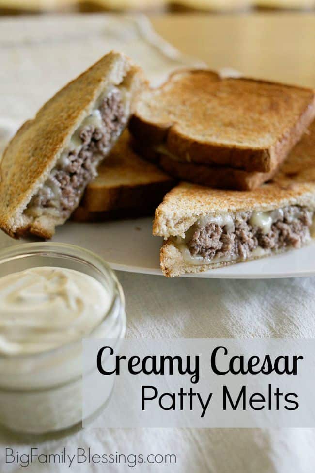 Creamy Cesar Patty Melts... emphasis on the creamy and DELICIOUS! This quick and easy 5 ingredient recipe is perfect for lunch when you want something more grown up than a PB&J sandwich or when you are tired of leftovers.
