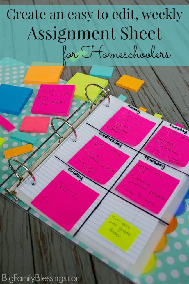 Create an easy to edit weekly assignment sheet for Homeschoolers. What a great idea to place the week's assignments separately for each subject ON the divider for the subject using Post-it® Notes! 