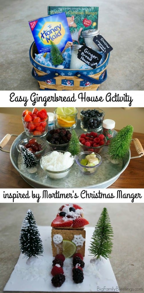 Easy DIY Gingerbread house tutorial inspired by Mortimer's Christmas Manger. Perfect activity for advent, 12 books of Christmas or a give as a gift basket.