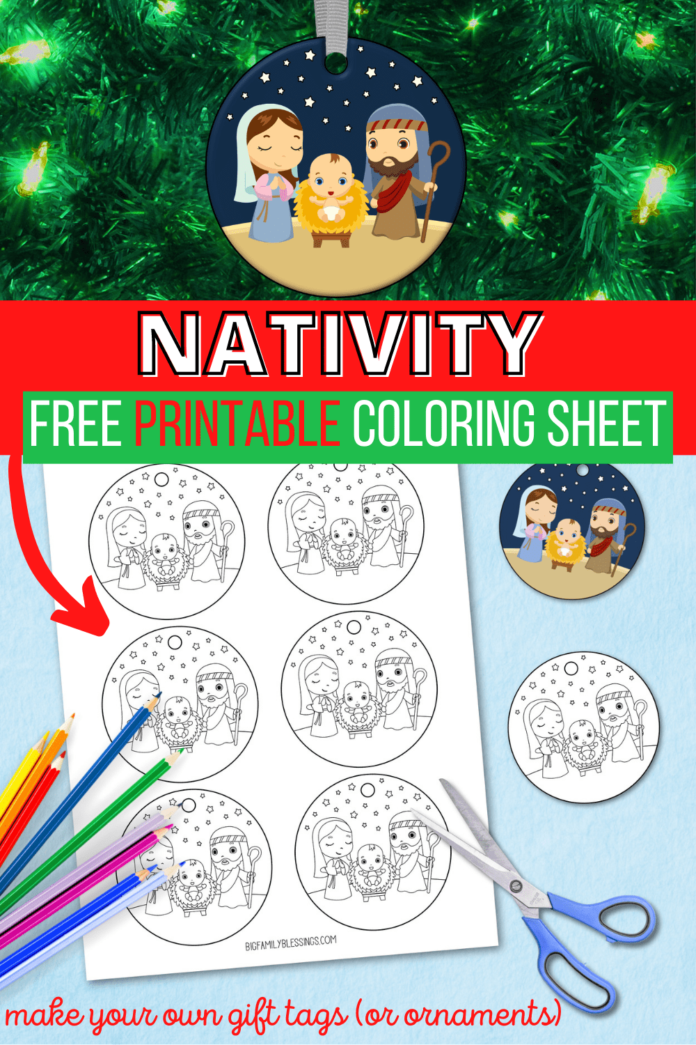 Printable Nativity Gift Tag or Ornament Coloring Sheet